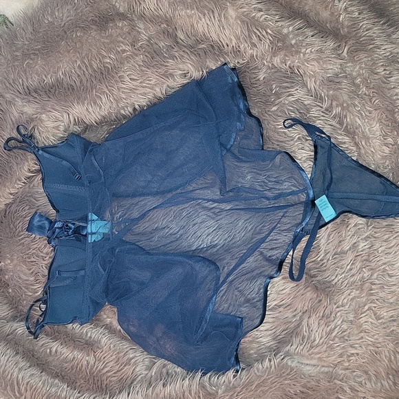 Victoria's Secret Deep Teal Sheer Babydoll Top And Thong Set M - Picture 2 of 5